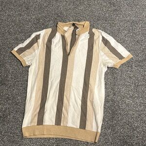 Express Men's Polo Shirt - Cream and Brown Stripes